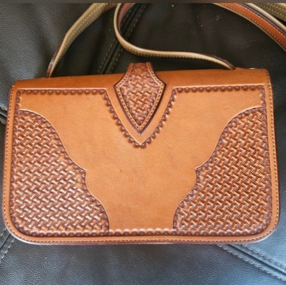 Custom Hand Tooled Tackery Crossbody Basket Weave Saddlery Bag Cowhide Purse - Picture 8 of 12